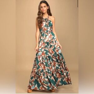 NWT Lulus Heat Wave Babe Green Floral Print Tie-Back Tiered Maxi‎ Dress Sz M